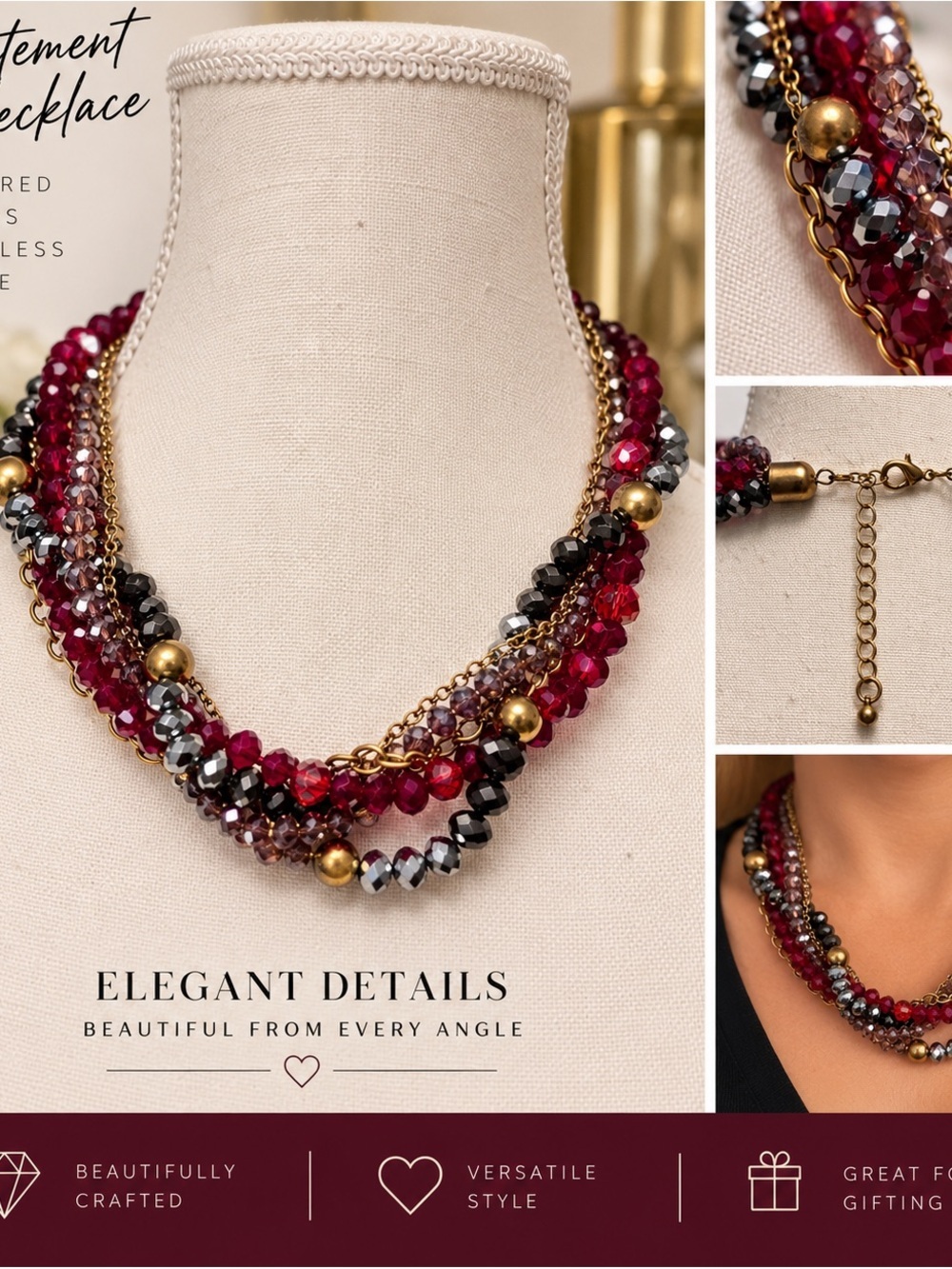 Multi Strand Faceted Beaded Statement Necklace Burgundy Gunmetal Gold